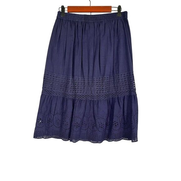 Retro Floral Eyelet Skirt Blue L Tiered Lace Boho Western Indie Folk Classic 80s - Picture 7 of 10